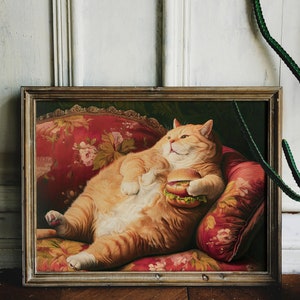 Gatto grasso con hamburger Dipinto vintage Arte alterata Poster di gatto divertente Poster positivo del corpo Regalo per gli amanti dei gatti Arte alterata Arte murale eclettica