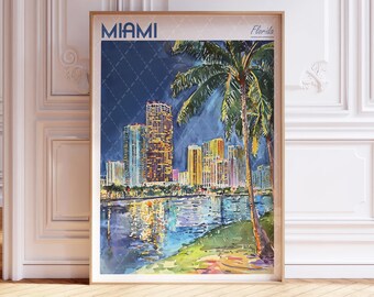 Miami Aquarell Poster - Miami Wandkunst - Florida Reiseplakat - Druckbares Stadtplakat - Pastellfarben Reiseplakat