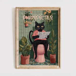 Purrspective Magazine Cover Print , Funny Cat Poster, Black Cat in Toilet, Gift for Cat Lover