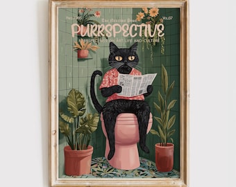 Impresión de portada de revista Purrspective, póster divertido de gato, gato negro en el baño, regalo para amantes de los gatos