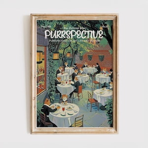 Purrspective Magazine Cover Print , Funny Cat Poster, Cats Dining at Restaurant, Gift for Cat Lover