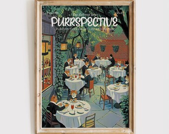 Impresión de portada de revista Purrspective, póster divertido de gatos, gatos cenando en un restaurante, regalo para amantes de los gatos
