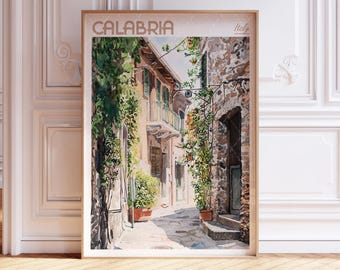 カラブリア絵画 南イタリア 水彩画 イタリアの村のアートプリント