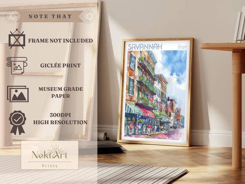 May include: A watercolor painting of a street scene in Savannah, Georgia. The painting features colorful buildings with balconies, green trees, and people walking on the sidewalk. The text "SAVANNAH Georgia" is printed at the top of the painting.