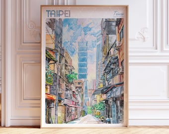 Arte mural con acuarela de Taipei - Impresión de Taipei - Póster de viaje de Taiwán - Arte mural con ciudades del mundo - Arte de viaje con colores pastel