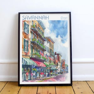 May include: A watercolor painting of a street scene in Savannah, Georgia. The painting depicts a row of colorful buildings with balconies and awnings. There are people walking on the sidewalk and a blue sky with white clouds in the background. The title "Savannah, Georgia" is written at the top of the painting.