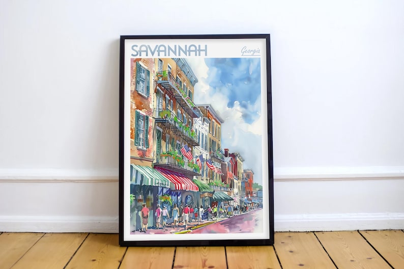 May include: A watercolor painting of a street scene in Savannah, Georgia. The painting depicts a row of colorful buildings with balconies and awnings. There are people walking on the sidewalk and a blue sky with white clouds in the background. The title "Savannah, Georgia" is written at the top of the painting.