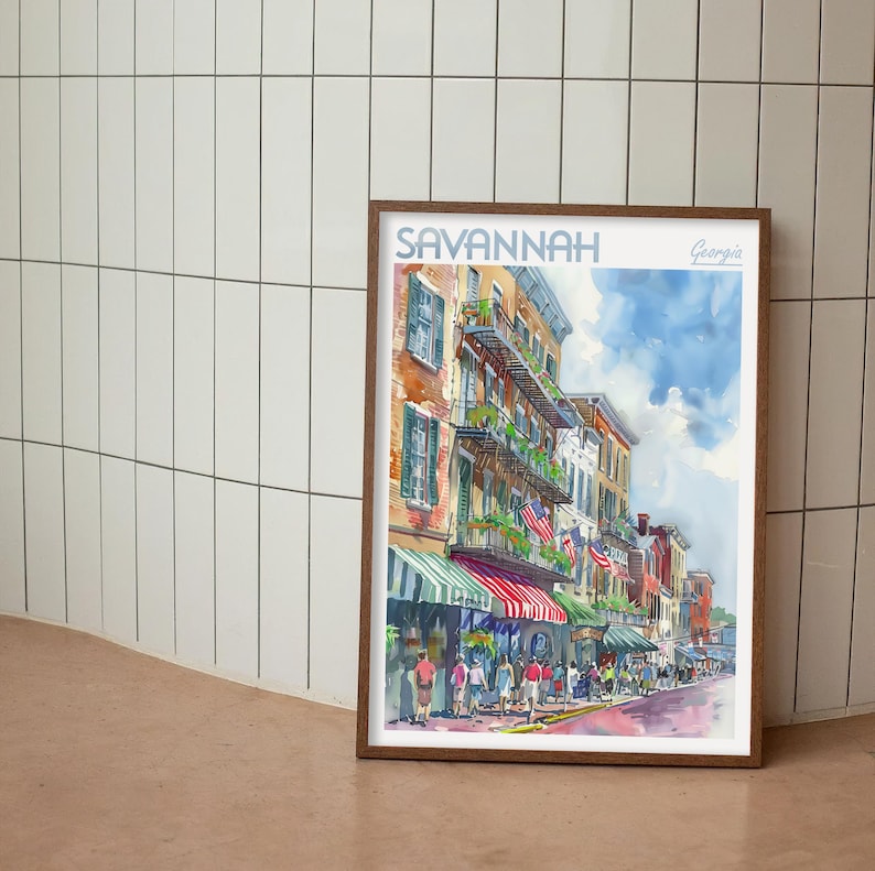 May include: A watercolor painting of a street scene in Savannah, Georgia. The painting depicts a row of colorful buildings with balconies and awnings. There are people walking on the street and American flags hanging from the buildings.