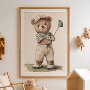 Vintage Illustration of a Bear Playing Golf Watercolor Retro Illustration for Nursery Kids Room Sports Fan Decor