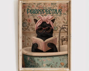 Impresión de portada de revista Purrspective, póster divertido de gato, gato disfrutando del baño, regalo para amantes de los gatos