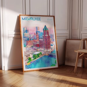 Impressão de arte em aquarela de Milwaukee - Impressão da cidade de Milwaukee - Pôster de viagem de Wisconsin EUA - Arte de parede de cidades do mundo - Arte de viagem em cores pastel