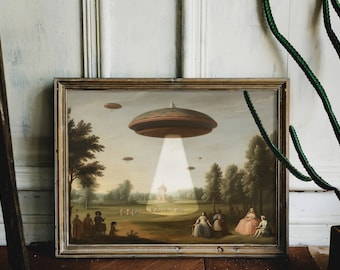 Victorian Landscape Funny Altered Art Print UFO Printable Wall Art Eclectic Print Alien Abduction Banksy Art Prints READY to FRAME