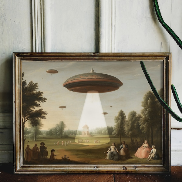 Victorian Landscape Funny Altered Art Print UFO Printable Wall Art Eclectic Print Alien Abduction Banksy Art Prints READY to FRAME