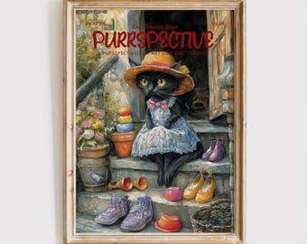 Impresión de portada de revista Purrspective, póster de gato divertido, gato de negocios, regalo para amantes de los gatos