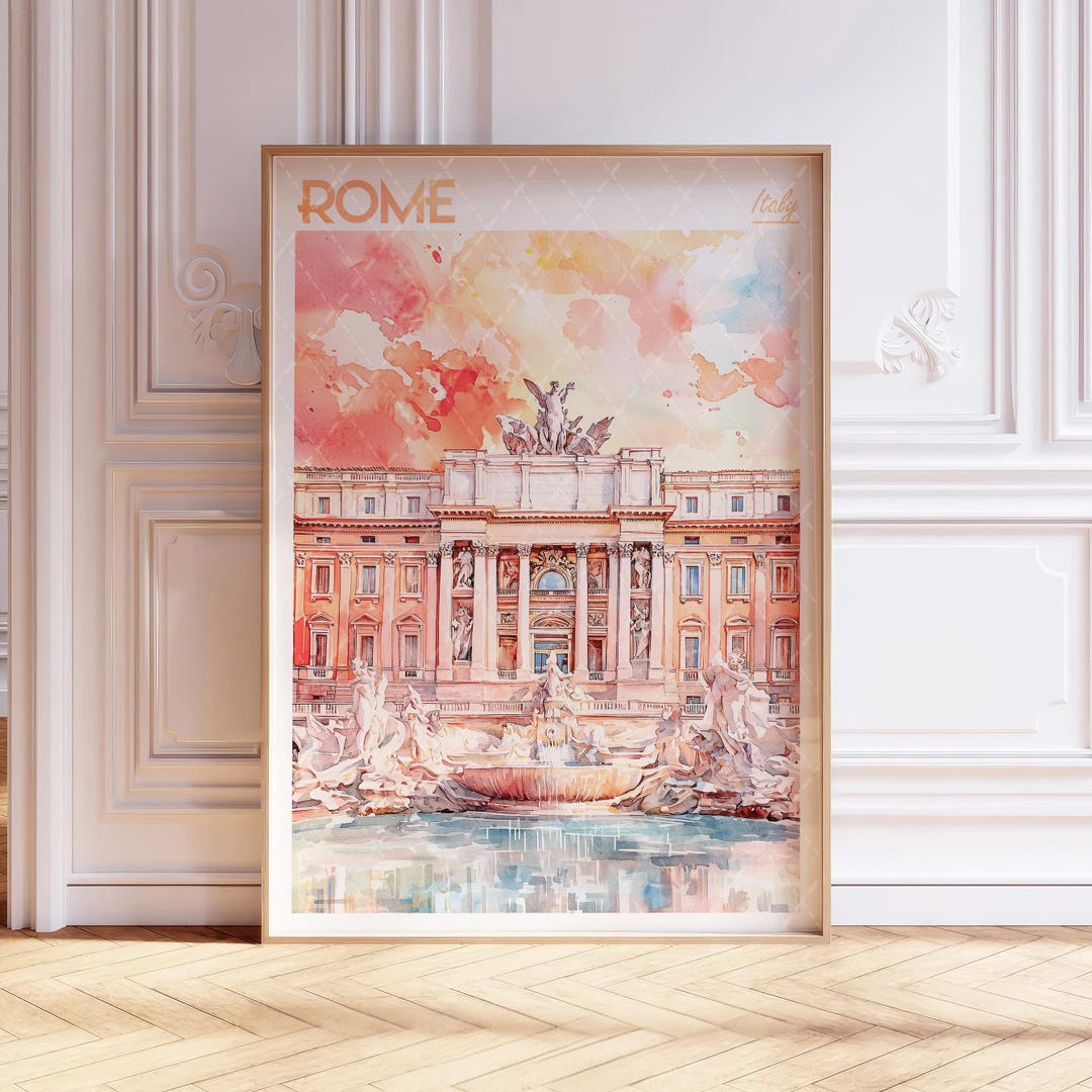 Rome Watercolor Poster - Trevi Fountain Wall Art - Italy Travel Poster ...
