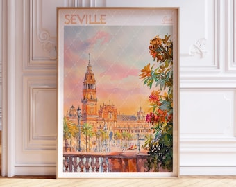 Seville Watercolor Poster - Seville Wall Art - Spain Travel Poster - Printable City Poster - Pastel Colors Travel Poster