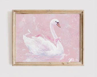 Coquette Swan Print Elegant Pink Nursery Wall Art, Ballet Inspired Girls Room Decor, Vintage Aesthetic Poster