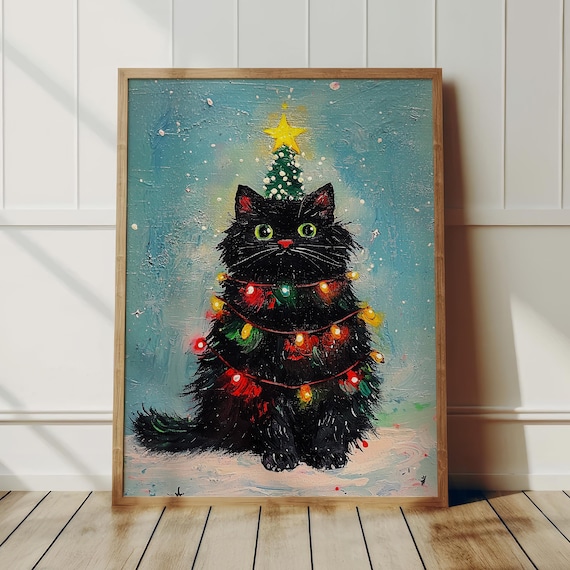 Black Cat Christmas Tree Oil Painting Altered Merry Christmas
