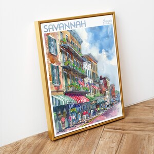 May include: A watercolor painting of a street scene in Savannah, Georgia. The painting depicts a row of colorful buildings with balconies and hanging plants. The street is lined with people walking and there are flags hanging from the buildings.