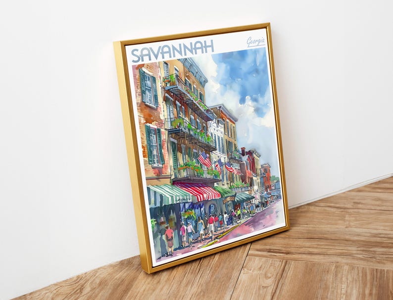 May include: A watercolor painting of a street scene in Savannah, Georgia. The painting depicts a row of colorful buildings with balconies and hanging plants. The street is lined with people walking and there are flags hanging from the buildings.