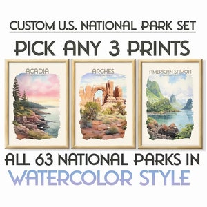 Custom U.S. National Park Poster Wall Art Set of 3 | All 63 National Parks Watercolor Travel Posters | Personalized Print | Ready to Frame