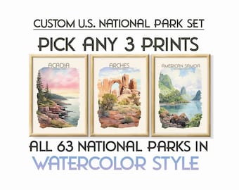 Custom U.S. National Park Poster Wall Art Set of 3 | All 63 National Parks Watercolor Travel Posters | Personalized Print | Ready to Frame