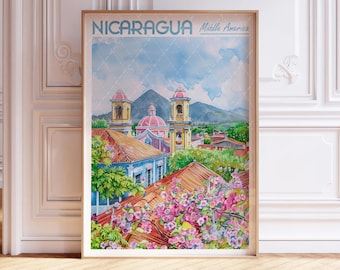 Impresión artística en acuarela de Nicaragua - Impresión de la ciudad de Managua - Póster de viaje por el trópico de América Central - Arte mural de ciudades del mundo - Arte de viaje en colores pastel