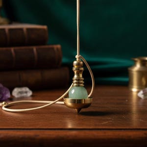 May include: A brass pendulum with a green gemstone sphere suspended by a beige cord. The pendulum is held above a wooden surface, with a stack of books, a lit candle, and crystals in the background. The overall theme is spiritual and mystical.
