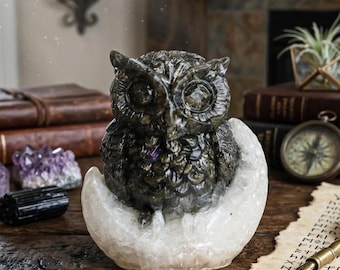 Pyrite Owl on Moon | Crystal Owl Figurine | Wisdom & Protection Decor | Feng Shui Owl Statue | Spiritual Gift