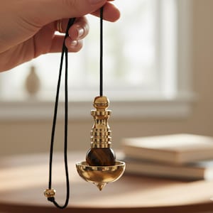 Op de afbeelding: Een goudkleurige pendel met een zwart koord. De pendel heeft een decoratief ontwerp met een tijgeroogsteen in het midden. De pendel hangt voor een vage achtergrond.