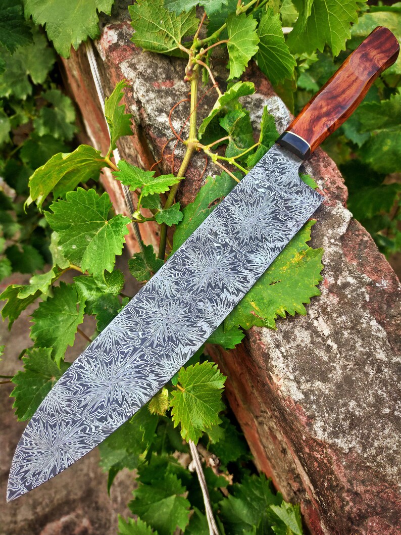 Damascus Steel Chef Knife Mosaic Pattern With Rose Wood Block Etsy