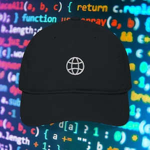 May include: Black baseball cap with a white embroidered globe logo on the front. The cap has a curved brim and a structured fit. The background features a blurred image of computer code.