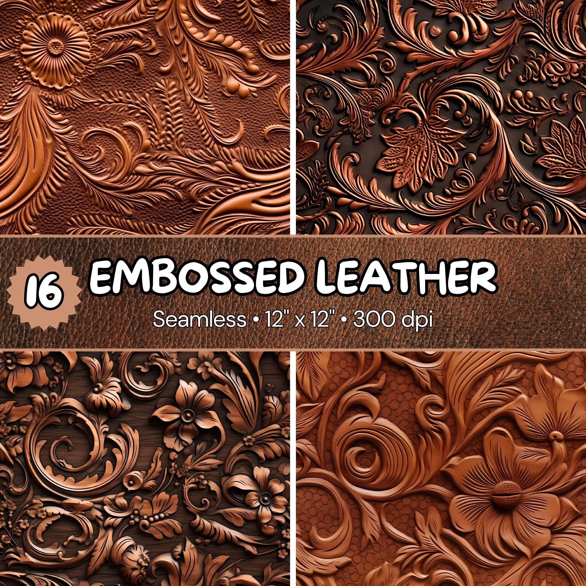 16 Embossed Leather Seamless Digital Papers, Floral Western Brown ...