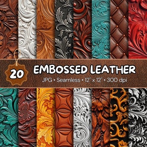 20+ Embossed Leather Seamless Digital Papers, Western Engraved Patterns & Textures, Scapbooking Designs, Digital Download, Commercial Use