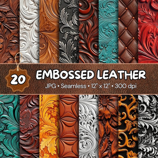 20+ Embossed Leather Seamless Digital Papers, Western Engraved Patterns & Textures, Scapbooking Designs, Digital Download, Commercial Use