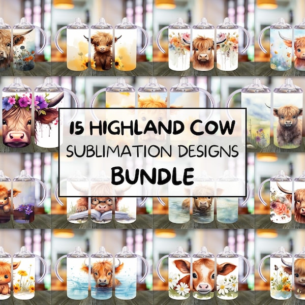 15 Highland Cow Sippy Cup Designs Sublimation Wrap Bundle, 12oz PNG Watercolor Straight Wrap, Kids Water Bottle Designs, Instant Download