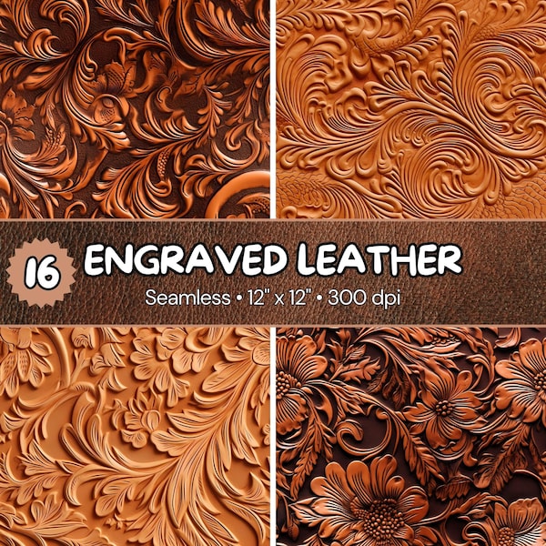 16 Engraved Leather Seamless Digital Papers, Western Patterns & Textures, Scapbooking Designs, Digital Download, Commercial Use