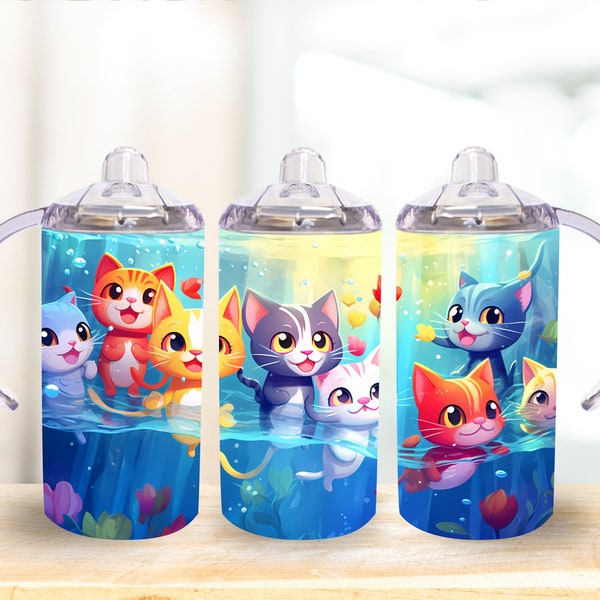 12oz Cat Sippy Cup Sublimation Wrap Designs, Cute Cats For Kids PNG Design, 12 oz Straight Wrap, Kids Water Bottle Design, Instant Download