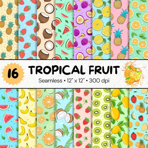 Tropical Fruit Seamless Patterns Digital Papers, Printable Fruit Patterns, Digital Paper Pack, Scrapbook, Digital Download, Commercial Use