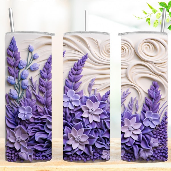 3D Lavender Flowers 20oz Skinny Tumbler Sublimation Design, Straight & Tapered Tumbler Wrap, Purple Flower PNG, Instant Digital Download