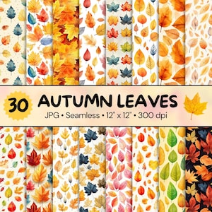 30 Herbst Blätter digitales Papier Pack, Aquarell nahtlose Herbst Muster und Hintergründe, Ahornblätter, digitaler Download, kommerzielle Nutzung