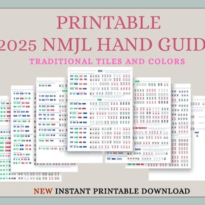 May include: A collection of printable 2025 NMJL Hand Guides with traditional tiles and colors. The guides feature various tile combinations in green, red, and blue. The text "Printable" and "New Instant Printable Download" are visible.