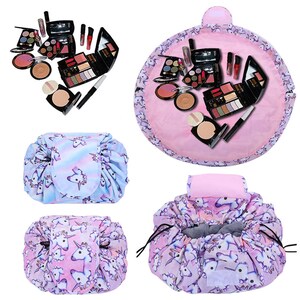 May include: Four different views of a pink and blue drawstring makeup bag with a unicorn print. The bag is open in one view, showing a variety of makeup products inside.