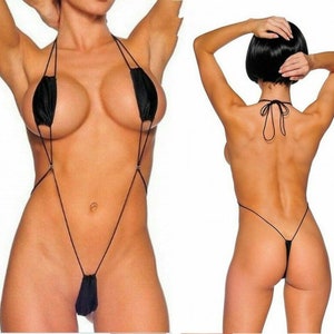 May include: A black string bikini with a halter top and a thong bottom. The bikini is very revealing and has a lot of string detail.