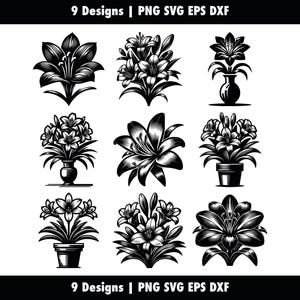 Könnte beinhalten: Neun schwarz-weiße Blumendesigns, darunter Lilien, in verschiedenen Anordnungen. Einige sind in Töpfen, andere in Vasen. Das Bild enthält den Text "9 Designs | PNG SVG EPS DXF" oben und unten.
