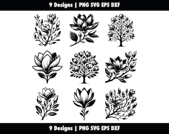 Magnolia Bundle, Bull Bay Blooming Flower, svg png eps dxf, Southern Magnolia Silhouette Cricut, Vector Cut, Stencil Clipart, Commercial Use