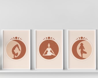 Set of 3 Boho Yoga Graphic, Yoga Poses Graphic Illustration, Yoga Asanas Print, Printable Wall Art, Yoga Figures Digital Download Poster