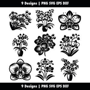 Orchids Blooming Flowers Bundle, Orchid Flowers, svg png eps dxf, Orchids Silhouette Cricut, Vector Cut, Stencil Clipart, Commercial Use