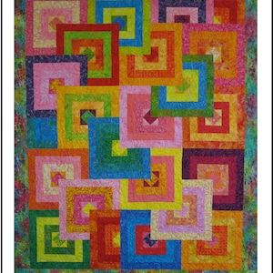May include: A colorful quilt pattern called "Chaos at the Courthouse" designed for pre-cut 2 1/2 inch fabric strips. The quilt features a geometric design with squares and rectangles in shades of pink, red, orange, yellow, green, blue, and purple.