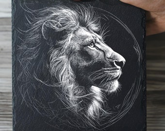 Lion Laser Engraving PNG, Slate Coaster Engrave Files, PNG Lion Laser Engraving Ready, Laser Burn Digitals, Animal Lightburn Laser Portraits